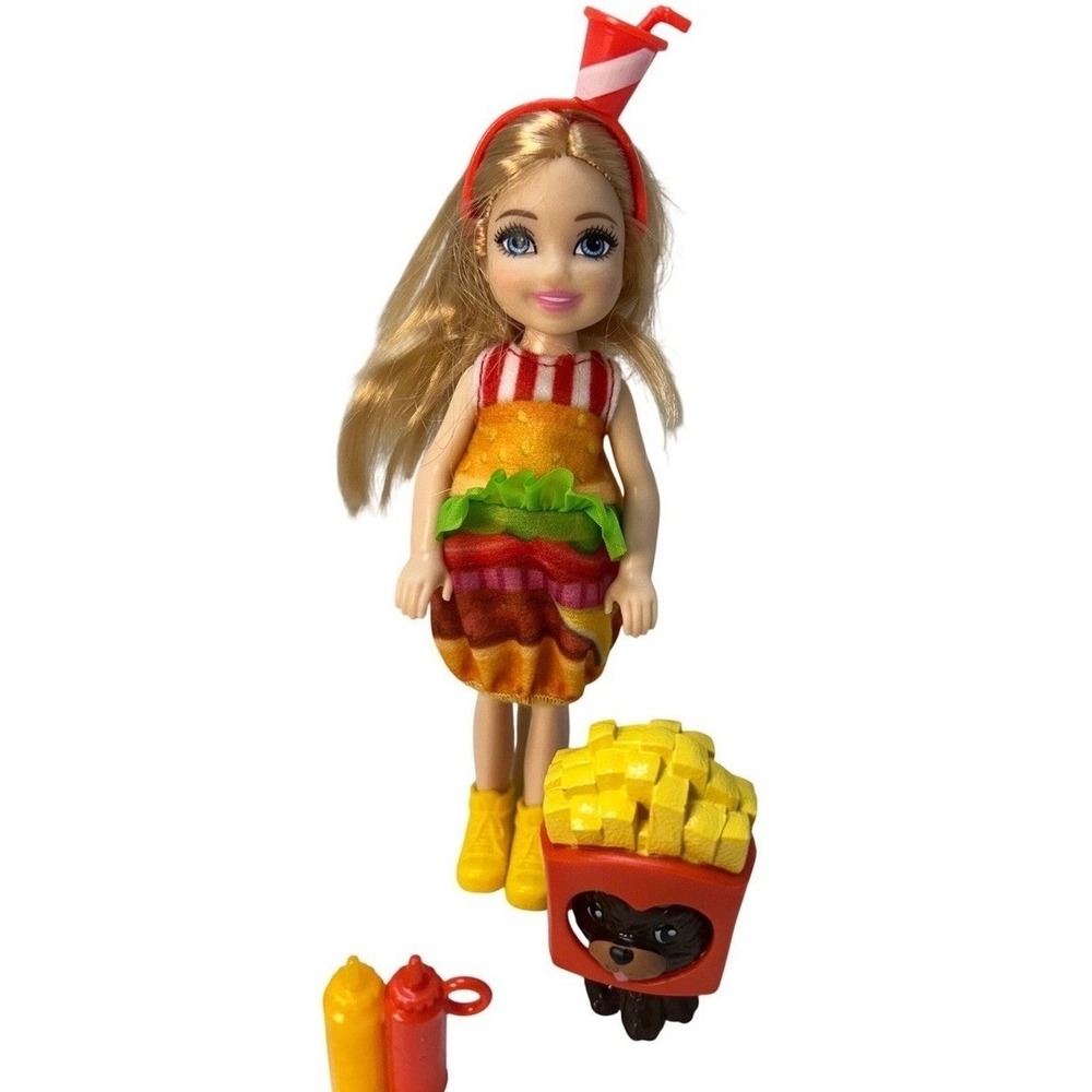 Barbie Chelsea Doll Burger Costume Blonde Hair‎ w/ French Fry Bear & Accessories